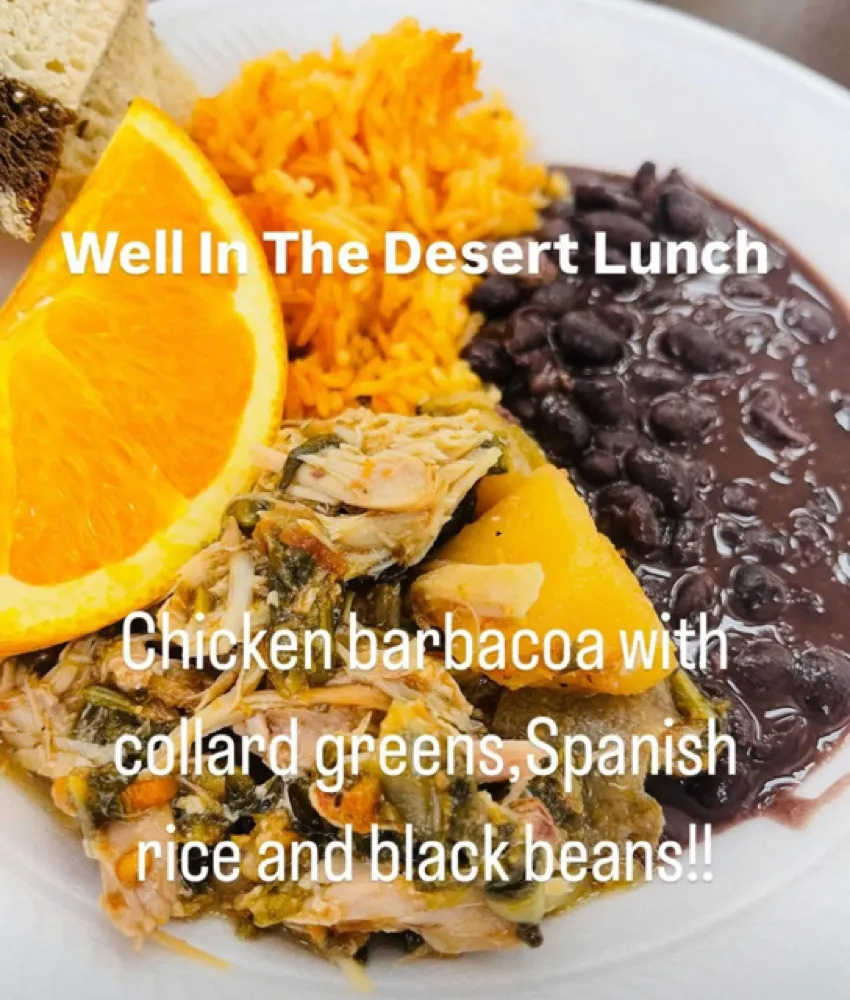 Chicken barbacoa with collard greens, Spanish rice, and black beans